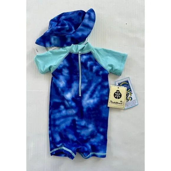 BEETLE & THREAD Blue Sun Protection Swimsuit & Hat UPF 50+ Infant Size 3 Months - Picture 1 of 3